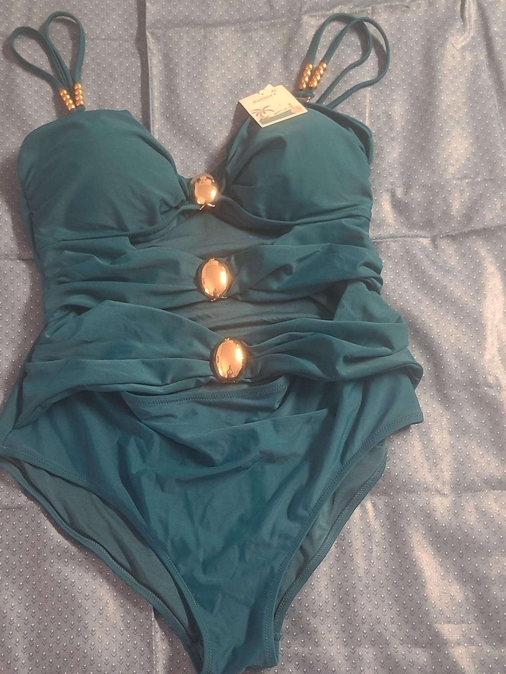 Teal Ruched One-Piece Swimsuit with Gold Accent Hardware